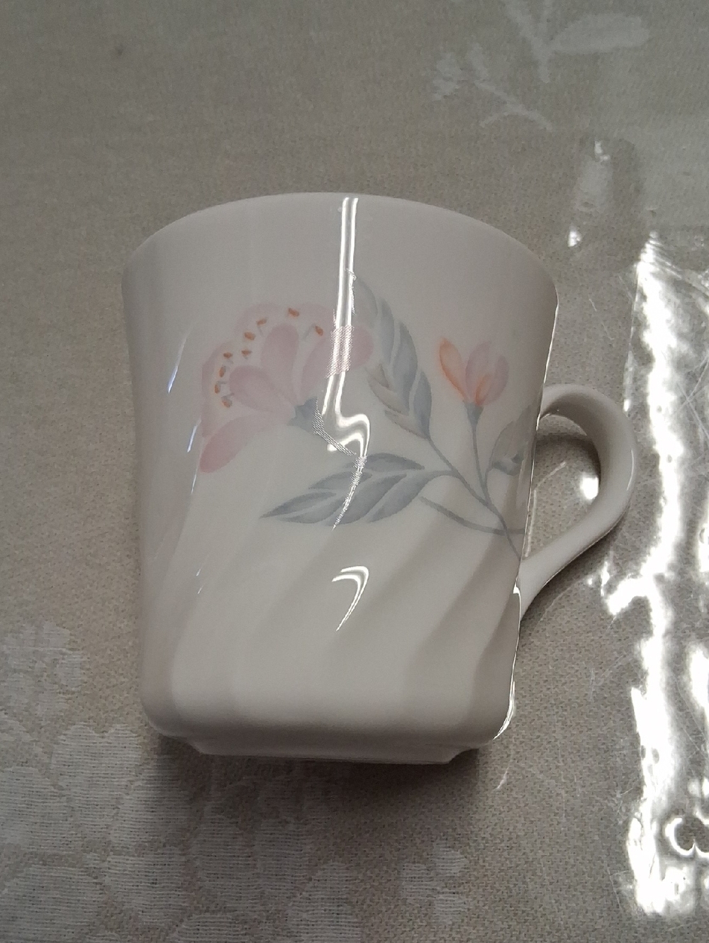 Corningware Floral Porcelain Mug - Pink & Gray Leaf Motif Set Of 7